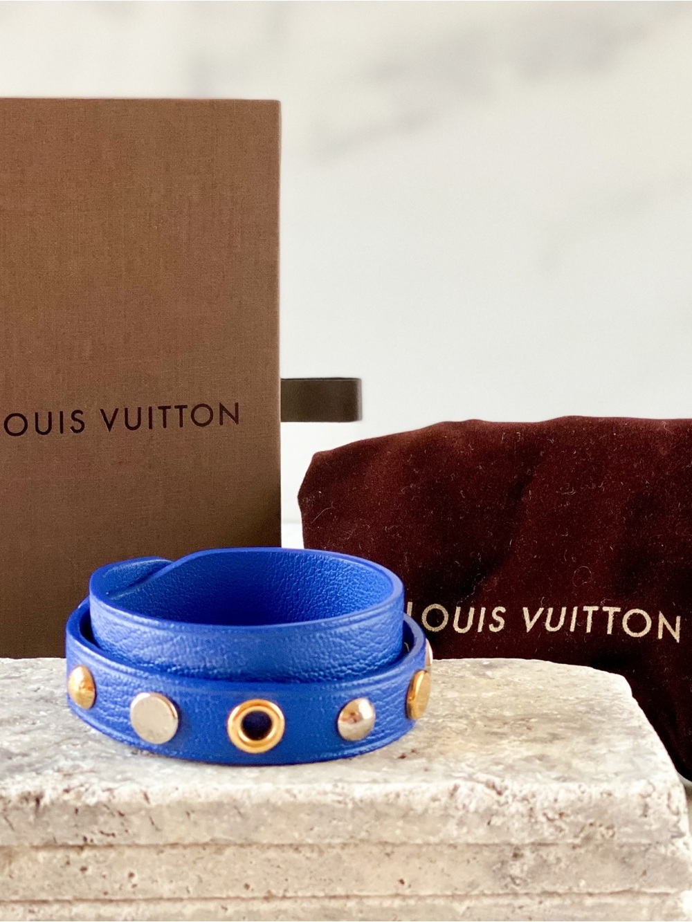 Authentic Louis Vuitton Royal Blue Leather Wrap Spike It Adjustable Bracelet